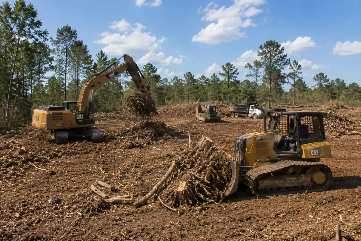Excavator and equipment working a land clearing site with stumps and debris